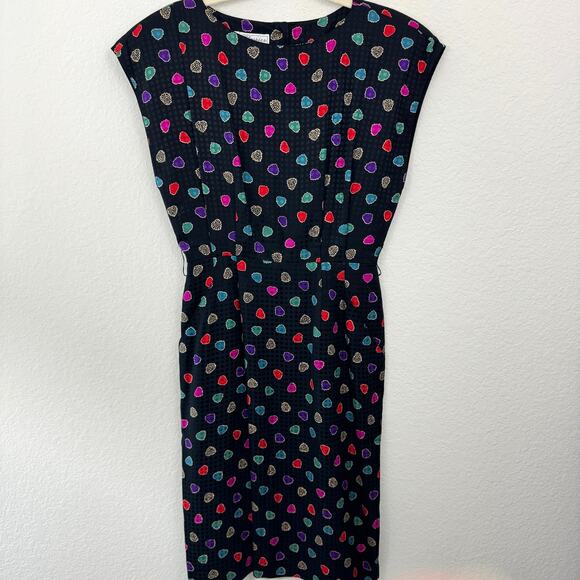 Anne Klein Women Vintage 100%  Silk Midi Dress Size 8 Leaves Classic Black Print - Picture 1 of 11